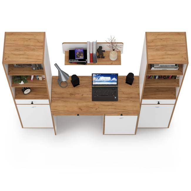 Стол компьютерный Вуди с навесной полкой и два пенала цвет белый премиум/дуб крафт золотой