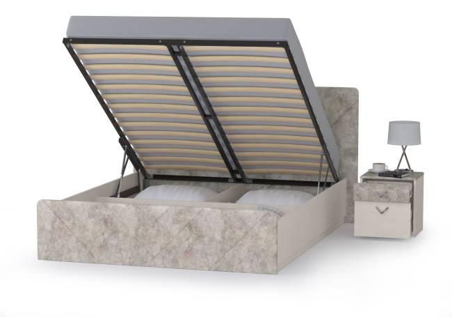 Кровать 1600 с подъёмным ортопедическим основанием и тумбочкой Амели 11.31 цвет шёлковый камень/бетон чикаго беж