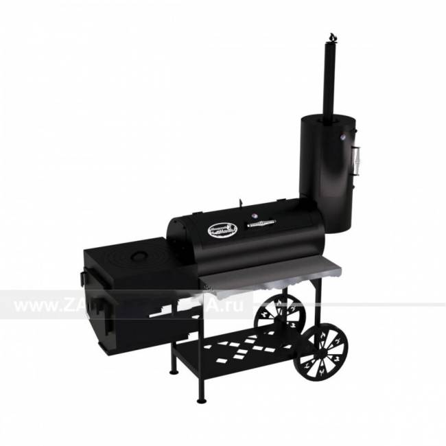 Гриль-Смокер казан XXL, из стали толщиной 3 мм, печь слева, в термостойкой покраске Гриль-Смокер казан XXL, из стали толщиной 3 мм, печь слева, в термостойкой покраске