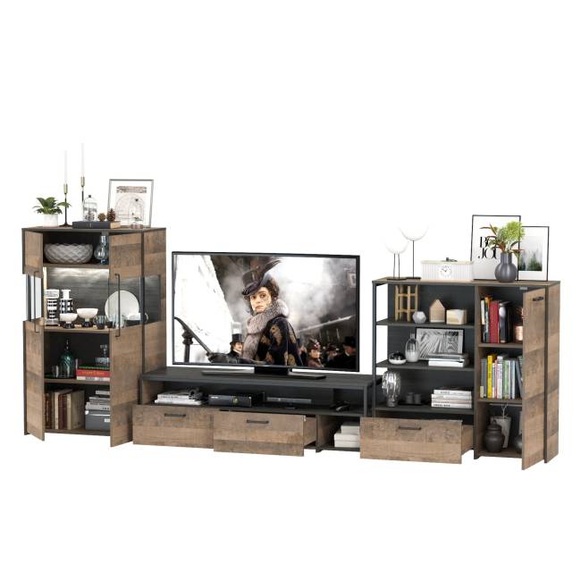 Стенка в гостиную Трувор № 54 с тумбой с подсветкой цвет дуб гранж песочный/интра Стенка в гостиную Трувор № 54 с тумбой с подсветкой цвет дуб гранж песочный/интра