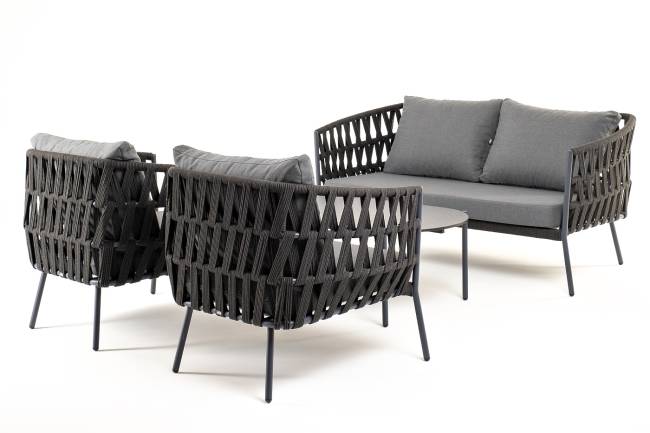 "Диего" лаунж-зона 4-местная плетеная из роупа (веревки), каркас алюминиевый темно-серый, роуп темно-серый "Диего" лаунж-зона 4-местная плетеная из роупа (веревки), каркас алюминиевый темно-серый, роуп темно-серый